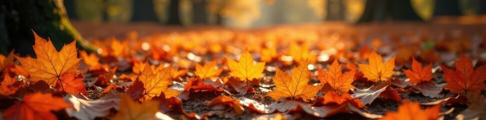 Burnt orange maple leaves scattered on forest floor, fall colors, autumn foliage