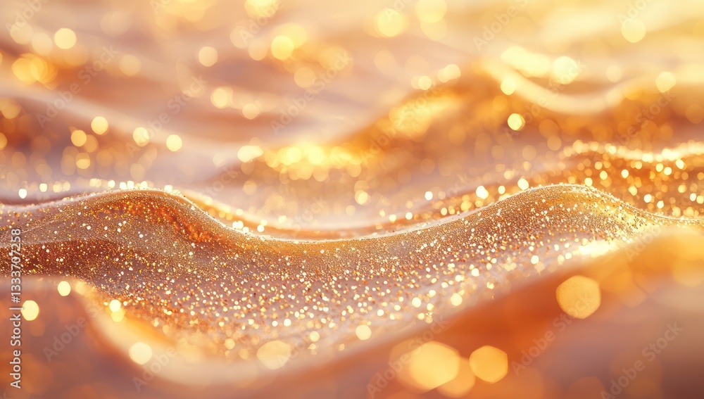 Poster shimmering background with elegant golden wave particles in an abstract design.