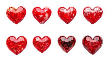 Fototapeta premium Eight glossy red heart shapes showing varied textures and shades arranged in two rows for Valentine's Day marketing materials.