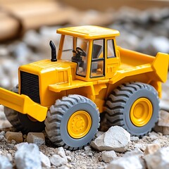 Yellow Toy Bulldozer on Gravel Construction Site