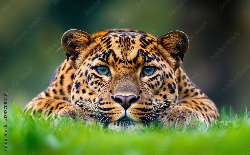 Poster close-up view of a leopard lying in grass with intense green eyes and distinctive coat pattern in na