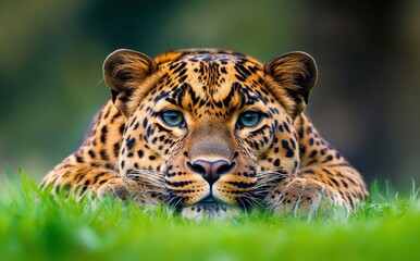 Obraz premium Close-Up View of a Leopard Lying in Grass with Intense Green Eyes and Distinctive Coat Pattern in Natural Habitat During Wildlife Photography Session