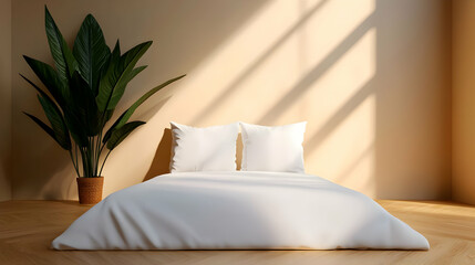 Minimalist Boho Bedroom Interior with White Bedding and Sunlight