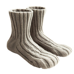 A Pair of Light Gray Hand Knitted Wool Socks Isolated on Transparent Background