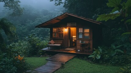 Cozy Wooden Cabin in a Rainy Forest at Night