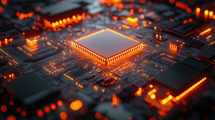 Circuit board with glowing CPU, technological background, possible use for tech innovation concept