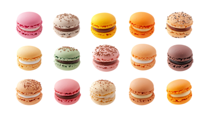 A collection of fifteen colorful French macarons is neatly arranged for dessert advertising against a clean transparent background.