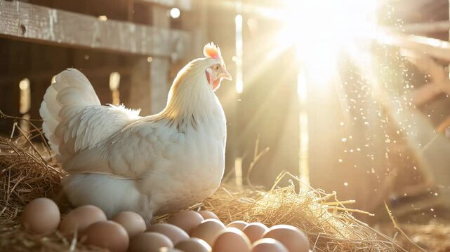 Healthy hen chicken near freshly laid eggs in hay in a rustic barn under warm sunlight with copy space
