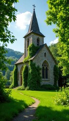 Lush greenery surrounds the top of a weathered stone church, landscape, trees, serenity