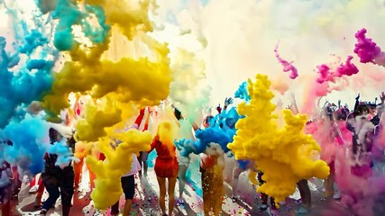 Happy people on the street in India in colored powder rejoice at the holiday, cheerful celebration of the holy festival of Holi
