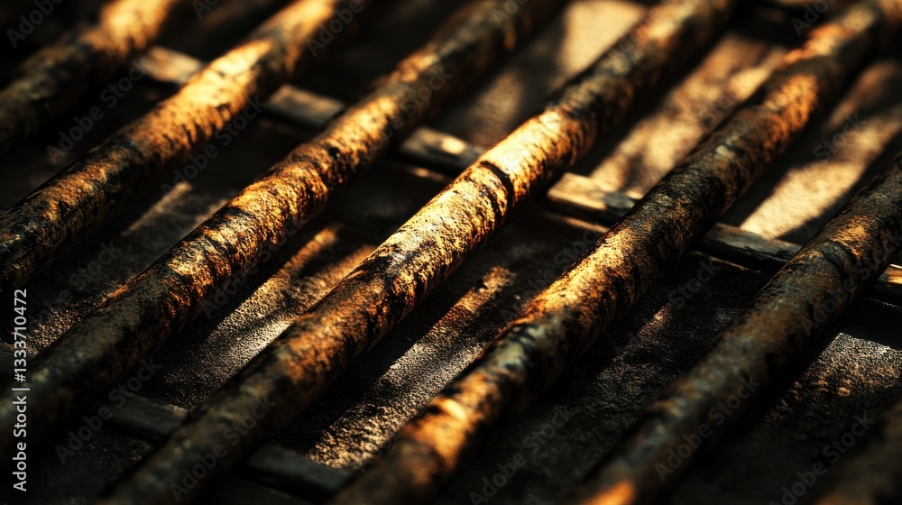 Poster rusty metal bars with sunlight and shadows creating textured patterns