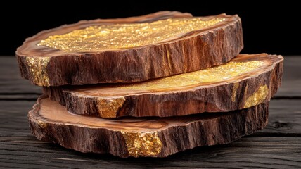 Dark Brown Wooden Coasters with Gold Accents on Dark Wood Surface