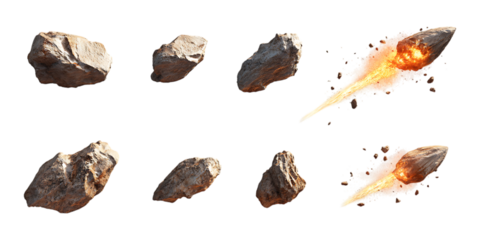 Group of rugged brown space asteroids and meteors showing atmospheric entry with fiery trails isolated on transparent background for impact concept.