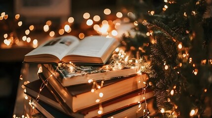 Cozy Winter Book Stack with Fairy Lights Open Book Christmas Tree Branch