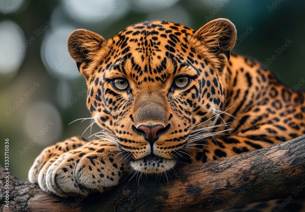 Poster close-up view of a majestic leopard resting on a branch surrounded by lush greenery in a natural hab