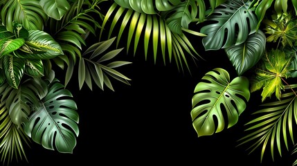 Vibrant Green Leaves and Tropical Foliage Background with Dark Space for Text and Design Elements