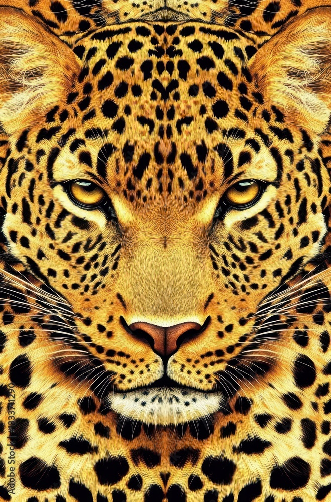 Poster close-up view of a majestic leopard's face with striking yellow eyes displaying intricate fur patter