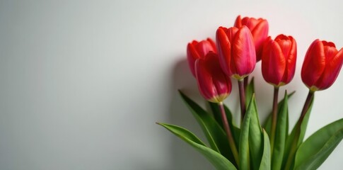 Fototapeta premium Red tulips with slender stems and dark green, pointed leaves, plant care