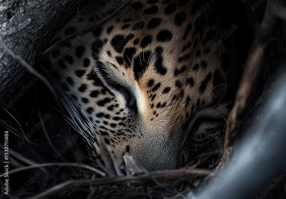 Poster close-up view of a resting leopard in natural habitat surrounded by twigs and branches showcasing de