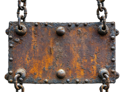 Isolated Rusted Metal Sign Hanging by Chains with Bumpy Rivets