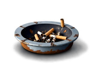 An old metal ashtray filled with cigarette butts and ash, capturing the essence of smoking and its consequences, isolated on black