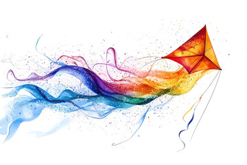 A Vibrant Kite Soaring Through A Rainbow Watercolor Sky, Painting A Joyful And Carefree Flight With Colorful Flowing Trails And A Isolated on Transparent Background