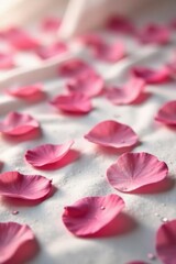 Obraz premium Soft pink rose petals scattered on a peaceful bed, serene atmosphere, texture