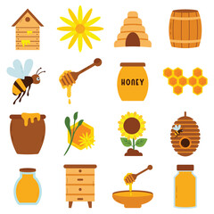 Honey illustration set. Includes of honeycomb, bee, beehive, honey jar, dripping honey, natural honey, and More. Vector flat color collection