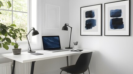 Modern Home Office Workspace with Laptop Desk Lamps and Abstract Wall Art