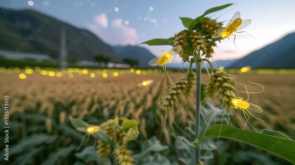 Poster ethereal glow of fireflies over wheat field at dusk with mountain background and soft bokeh effect