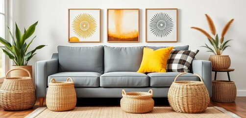 Stylish gray sofa, rattan baskets, honey yellow pillow, plaid, boho paintings, home decor, mock up, rattan