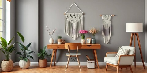 Stylish living room interior design with gray walls, wooden desk, plants, flowers, chair, lamp, macrame, and elegant accessories, wooden desk, interior