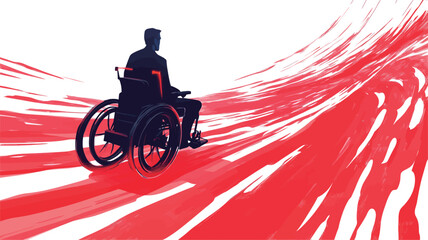 Obraz premium The image is a vector illustration depicting a dark silhouette of a person sitting in a wheelchair. The wheelchair is shown moving along a path composed of dynamic, swirling lines in shades of red