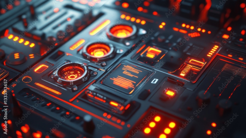 Poster futuristic control panel with glowing red elements and circuits