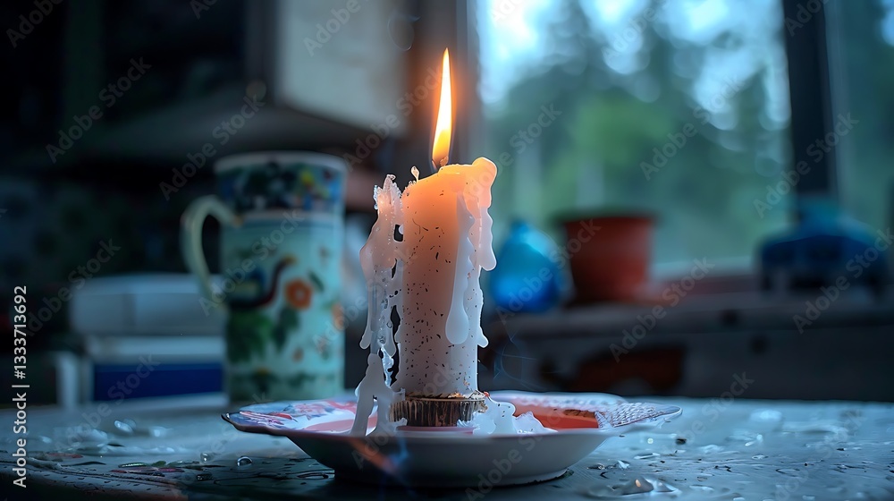 Poster melting candle with flickering flame illuminating indoor space surrounded by soft focus background e