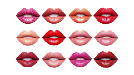 Twelve luscious mouth illustrations showcase different shades of vibrant lipstick colors isolated on a bright transparent background.
