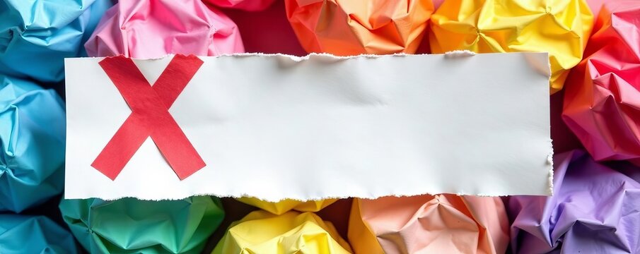 Torn paper with red X mark, crumpled paper balls, trash bin, mistake correction, trash, eliminate