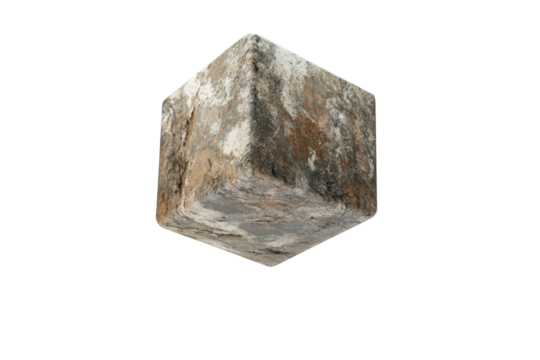 A Weathered Stone Cube, A Silent Testament To Times Passage, Hangs Suspended Against A Stark White Backdrop, Showcasing Its Intricate Texture And Earthy Tones Isolated on Transparent Background
