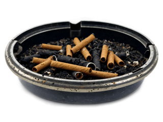 Close-up of a well-used metal ashtray overflowing with smoked cigars and ash