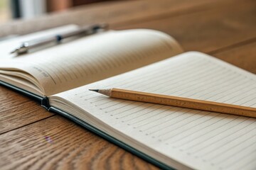 A close-up of a notebook with a pencil resting on it, placed on a wooden surface, suggesting a writing or planning activity.