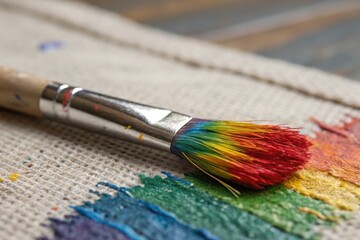 Fototapeta premium A vibrant paintbrush with a rainbow-colored tip rests on a canvas, showcasing streaks of colorful paint.