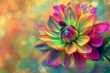 Vibrant colorful dahlia flower, bokeh background, artistic floral image
