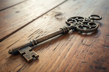 An antique key with intricate designs lies on a wooden surface, highlighting its vintage charm and craftsmanship.
