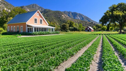 A Beautiful Organic Farm With Rows Of Leafy Greens And A Traditional Red Barn In The Background