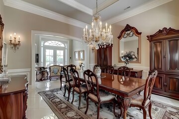 Elegant Dining Room Design:  A Mahogany Table and Chairs Arrangement with Crystal Chandelier and Ornate Cabinets, Enhancing Classic Interior Decor Style.
