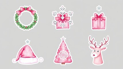 Pink Christmas Stickers Wreath Gift Tree Reindeer Hat