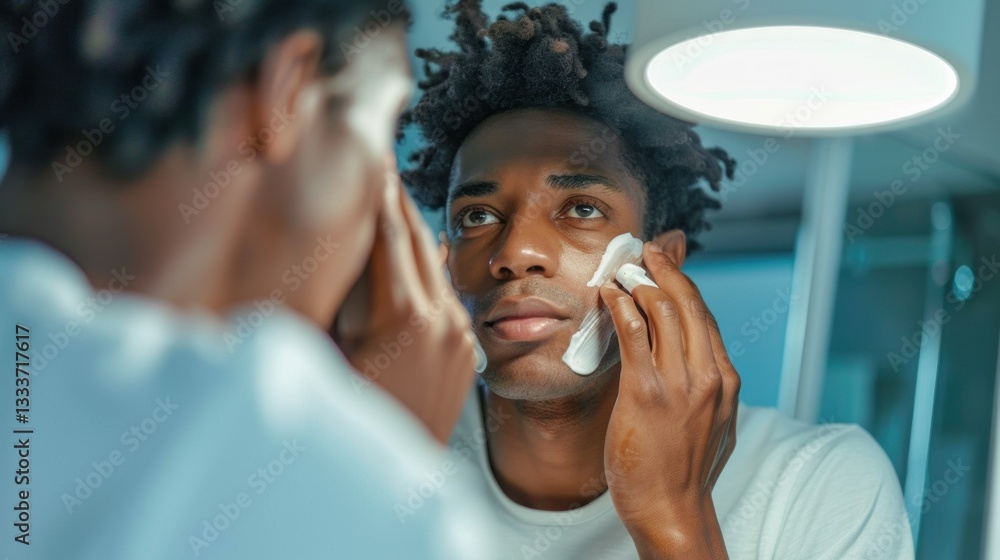 Poster man applying moisturizer to his face in front of a mirror.