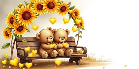 Adorable Teddy Bears on Bench Sunflower Arch Hearts Love