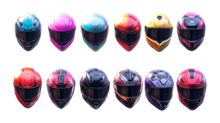 A collection of vibrant motorcycle racing helmets with dark visors is displayed against a plain transparent background for commercial use.
