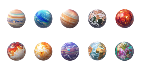 Ten abstract spherical planets or orbs with varied marbled textures displayed in two rows isolated on a plain transparent background for design